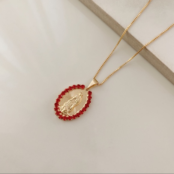 Virgin Mary Ruby Necklace | 18k Gold Filled - Picture 4 of 8